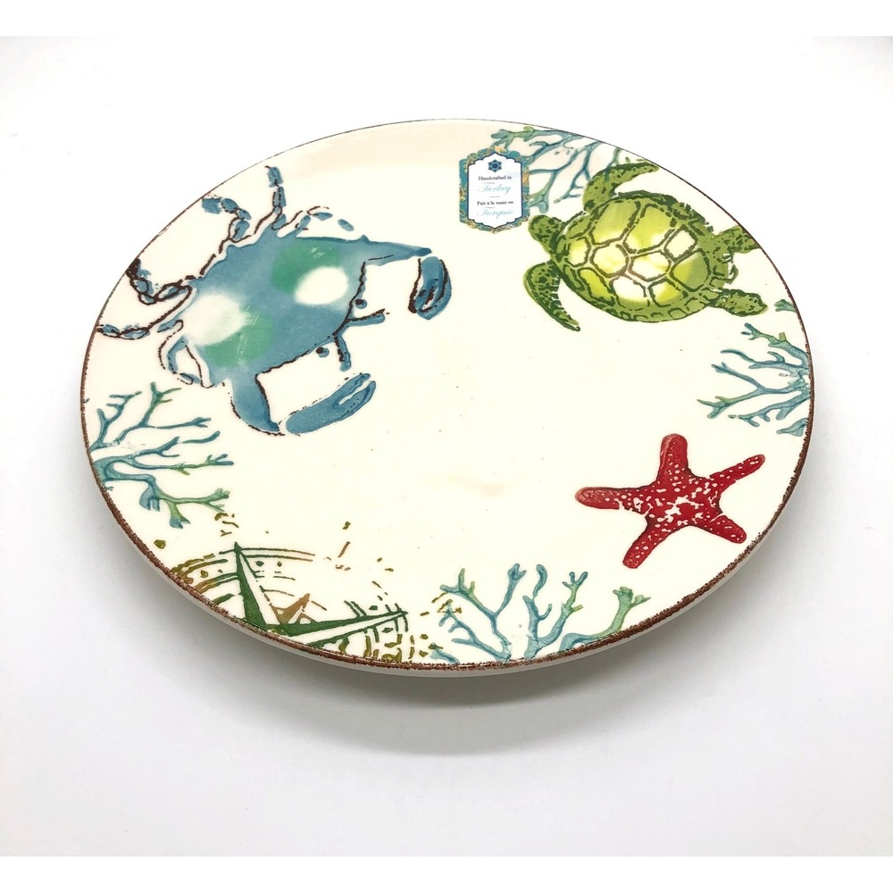 Papart Seramik Handpainted Turkey Coastal Ceramic Crab Turtle Starfish Bowl 10in